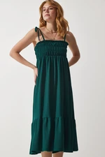 Happiness İstanbul Women's Emerald Green Strappy Crinkle Summer Knitted Dress