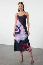 Trendyol Navy Blue Floral Patterned Midi Satin Woven Dress