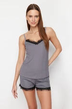 Trendyol Anthracite Lace Detailed Rope Strap Corded Ribbon/Bow Detail Knitted Pajama Set