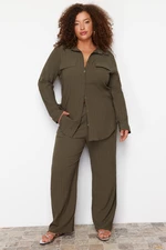Trendyol Curve Khaki Textured Buttoned Woven Shirt-Pants Plus Size Bottom-Top Set
