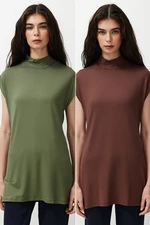 Trendyol 2-Pack Brown-Khaki High Neck Sleeveless Underwear Lining Tunic