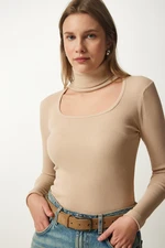 Happiness İstanbul Women's Cream Cut Out Detailed Turtleneck Ribbed Knitted Blouse