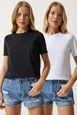 Happiness İstanbul Women's Black and White Crew Neck 2 Pack Basic Knitted T-Shirt