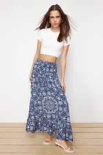 Trendyol Navy Blue Floral Patterned Ruffled A-line Midi Length Woven Skirt