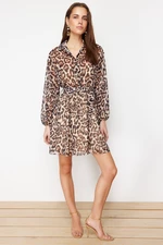 Trendyol Brown Leopard Pattern Waist Open Mini Lined Chiffon Woven Dress