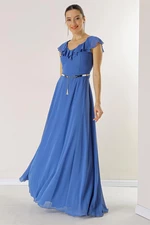 By Saygı Flounce Collar Waist Belt Lined Long Chiffon Dress