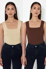 Trendyol Stone-Brown Basic Double Pack Top Knitted Thin Blouse