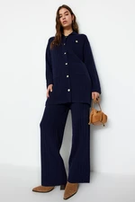 Trendyol Navy Blue Corduroy Knitwear Cardigan Sweater-Pants Bottom-Top Set