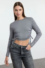 Trendyol Anthracite Side Gathered Crop Fitted/Fits Body Knitted Blouse