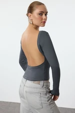 Trendyol Anthracite Deep Backless Fitted Cotton Stretchy Knitted Blouse