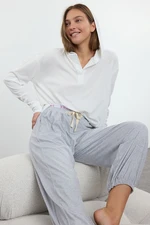 Trendyol White-Grey 100% Cotton Tie and Slogan Elastic Detailed Knitted Pajama Set