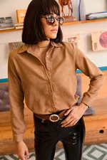 Olalook Women's Milk Brown Slim Corduroy Corduroy Shirt