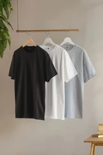 Trendyol Black-Grey-White Large Size 3-Pack Regular/Normal Cut Basic 100% Cotton T-Shirt