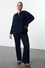 Trendyol Curve Navy Blue Woven Long Sleeve Plus Size Shirt with Side Slits