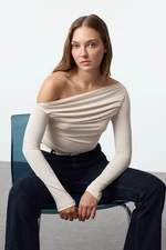 Trendyol Stone Gather/Drape Detailed Fitted/Body-Smoothing Long Sleeve Flexible Knitted Blouse