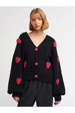 Dilvin 60185 V Neck Strawberry Embroidered Balloon Sleeve Knitwear Cardigan-black