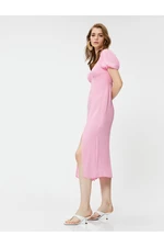 Koton Gimped Balloon Sleeve Slit Midi Dress