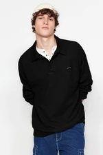 Trendyol Black Men's Oversize/Wide Cut Labeled Textured Cotton Polo Neck Sweatshirt