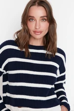 Trendyol Navy Blue Crop Basic Striped Knitwear Sweater