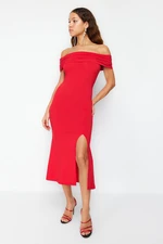 Trendyol Red Fitted Knitted Elegant Evening Dress