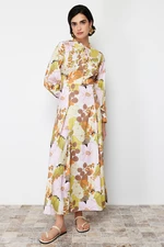 Trendyol Yellow Floral Pattern Flared Skirt Cotton Woven Dress