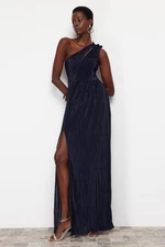 Trendyol Navy Blue A-Cut Knitted Lined Long Evening Dress