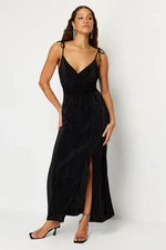 Trendyol Black Belted A-Cut Lined Pleated Knitted Elegant Evening Dress