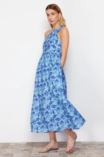 Trendyol Blue Floral Print A-line One Shoulder Midi Woven Dress