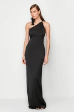 Trendyol Black A-Cut Satin Rose Detailed Long Evening Dress