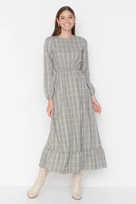 Trendyol Light Khaki Checkered Patterned Woven Dress with Elastic Detail at the Waist and Cuffs