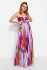 Trendyol Multi Color Knitted Abstract Patterned Tulle Long Evening Evening Dress