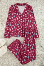 Trendyol Claret Red 100% Cotton Christmas Themed Knitted Pajama Set