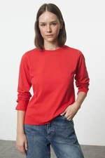 Trendyol Red 100% Cotton Long Sleeve Crew Neck Regular/Normal Fit Basic Knitted T-Shirt