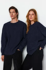 Trendyol Navy Blue Oversize Crew Neck Hair Knitted Sweater