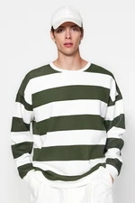 Trendyol Green Unisex Oversize/Wide Cut Striped Fleece/Warm Cotton Sweatshirt