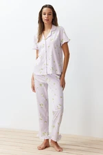 Trendyol Pink-Multicolored 100% Cotton Floral Ruffle Detailed Knitted Pajama Set