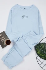 Trendyol Blue Cotton Slogan Embroidered Ribbed Knitted Pajama Set