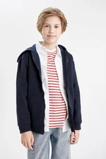 DEFACTO Boy Basic Plain Navy Blue Hooded Zippered Pocket School Cardigan