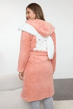 Trendyol Salmon Belted Back Animal Figure Detailed Winter Knitted Dressing Gown