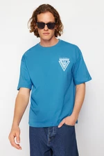 Trendyol Blue Oversize/Wide Cut Crew Neck City Printed 100% Cotton T-Shirt