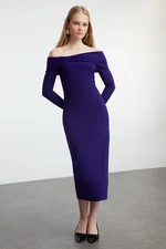 Trendyol Purple Carmen Collar Fitted/Fitting Flexible Midi Knitted Dress