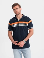 Ombre Men's polo shirt with tricolor stripes - navy blue