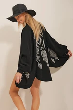 Trend Alaçatı Stili Women's Black Back Ethnic Embroidered Kimono Jacket