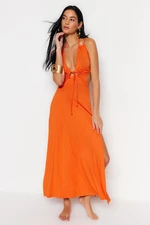 Trendyol oranžové maxi pletené plážové šaty bez chrbta