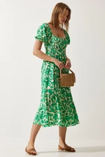 Happiness İstanbul Women's Green Floral Patterned Summer Viscose Dress