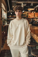 Trendyol Beige Oversize/Wide Cut Embossed Text Printed Sweatshirt