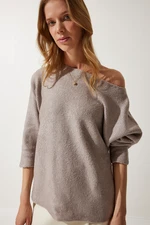 Happiness İstanbul Women's Beige Boat Neck Seasonal Oversize Knitwear Sweater