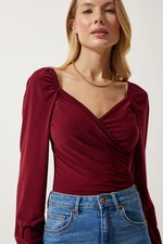 Happiness İstanbul Women's Burgundy Elastic Balloon Sleeve Sandy Knitted Blouse