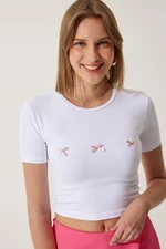 Happiness İstanbul Women's White Bow Detailed Crop T-Shirt