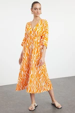 Trendyol Orange Abstract Patterned A-Line Double Breasted Midi Woven Dress